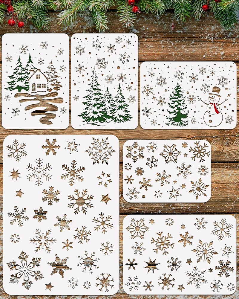 BANBBUR 6 Pcs Christmas Snowflake Stencils for Painting, Reusable Large Snowflakes Snowman Christmas Tree Stencils for Painting on Wood or Spray on Window - Image 1
